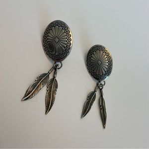 Vintage Traditional Sterling Concho Post Earrings w/Feathers & 2 Buttons